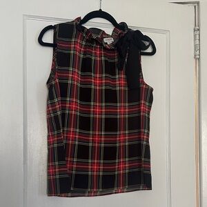 Plaid Sleeveless Bow Neck Shell - Red & Black
